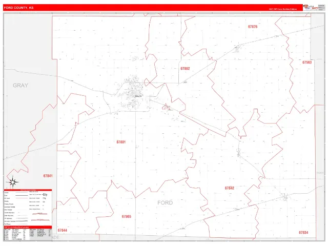 Ford County, KS ZIP Code Wall Map, RedLine style