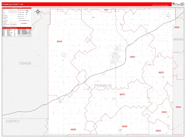 Franklin County, KS ZIP Code Wall Map, RedLine style