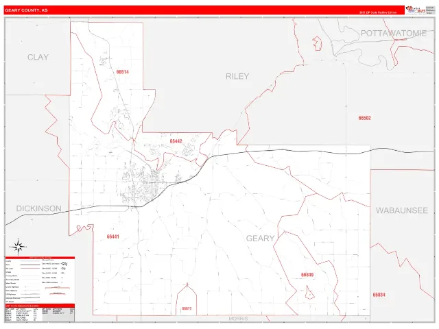 Geary County, KS ZIP Code Wall Map, RedLine style