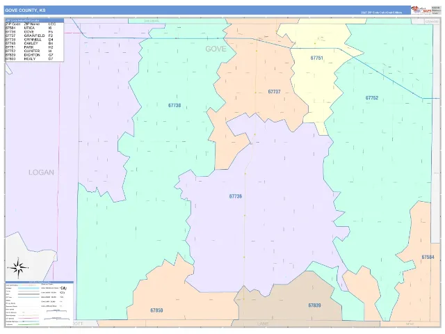 Gove County, KS ZIP Code Wall Map, ColorCast style