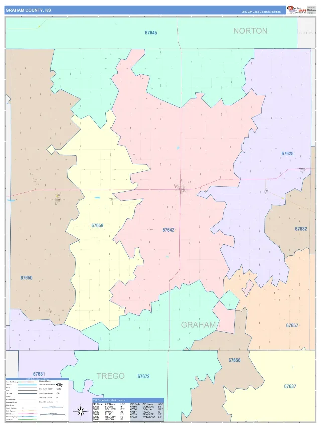 Graham County, KS ZIP Code Wall Map, ColorCast style