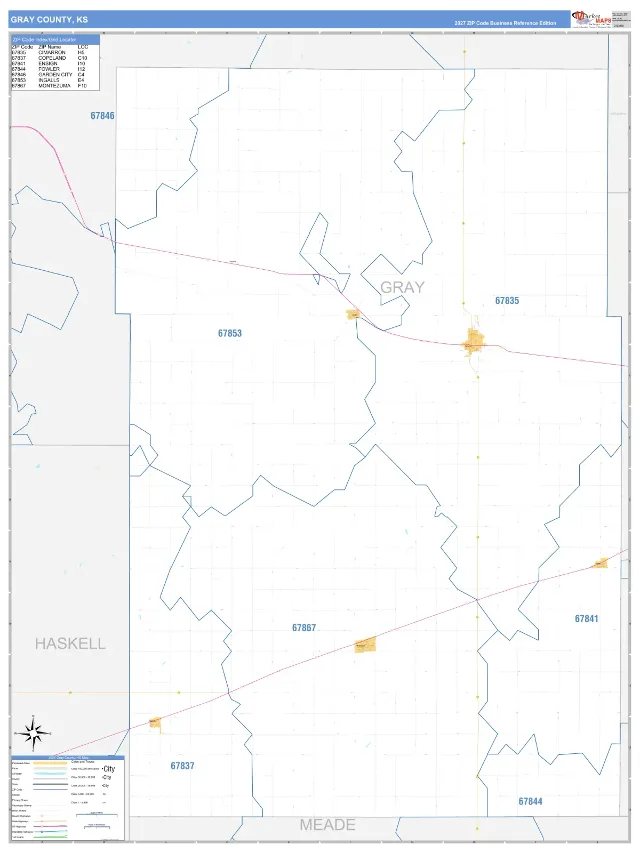 Gray County, KS ZIP Code Wall Map, Business Reference style