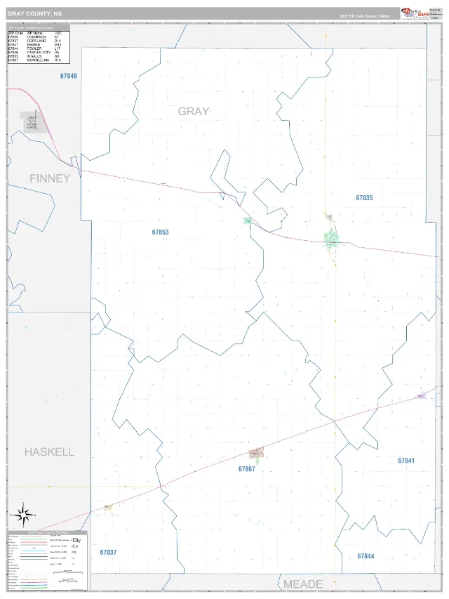 Gray County, KS ZIP Code Wall Map, Classic style