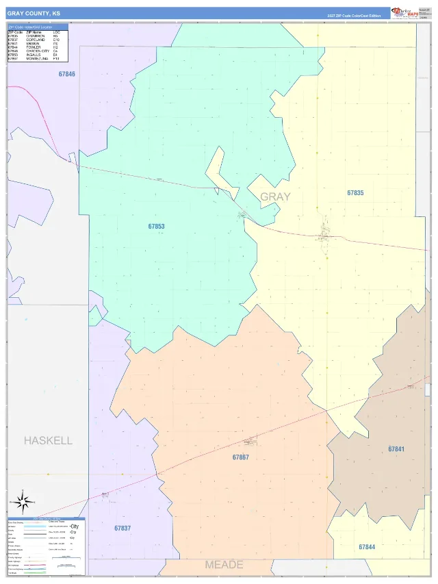 Gray County, KS ZIP Code Wall Map, ColorCast style
