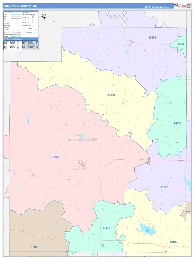 Greenwood County, KS ZIP Code Wall Map, ColorCast style