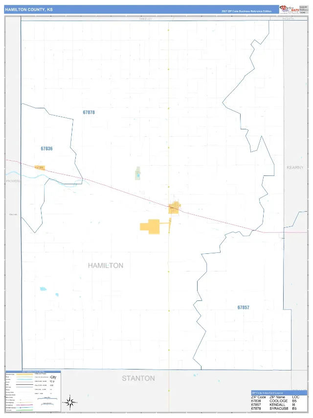 Hamilton County, KS ZIP Code Wall Map, Business Reference style