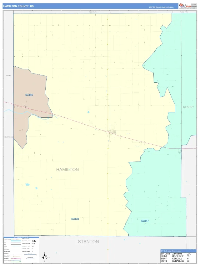 Hamilton County, KS ZIP Code Wall Map, ColorCast style