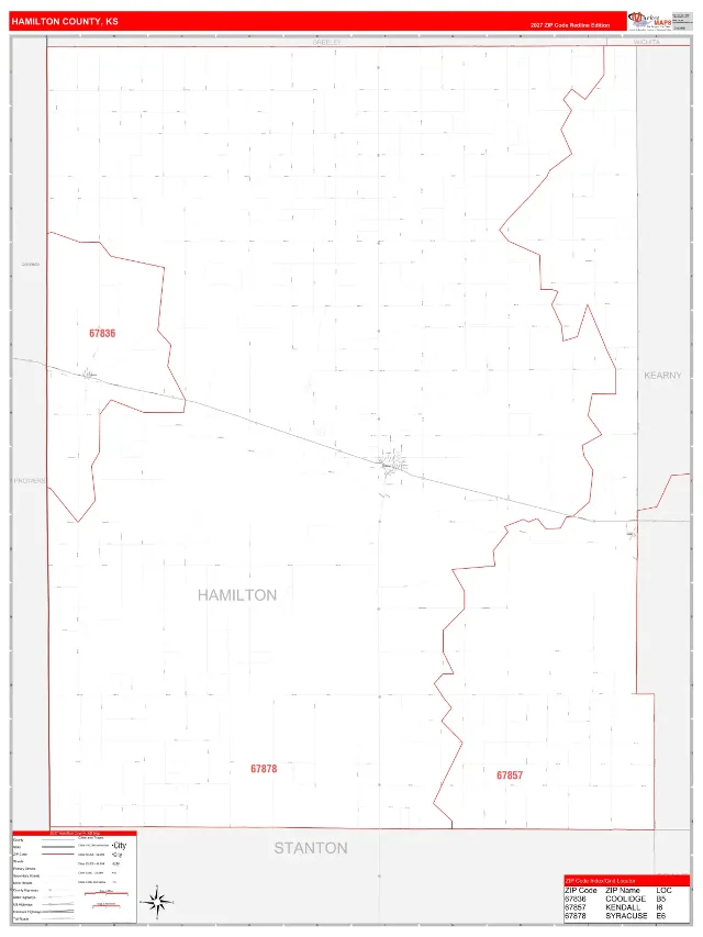 Hamilton County, KS ZIP Code Wall Map, RedLine style