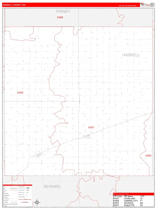 Haskell County, KS ZIP Code Wall Map, RedLine style