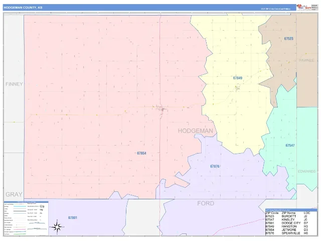Hodgeman County, KS ZIP Code Wall Map, ColorCast style
