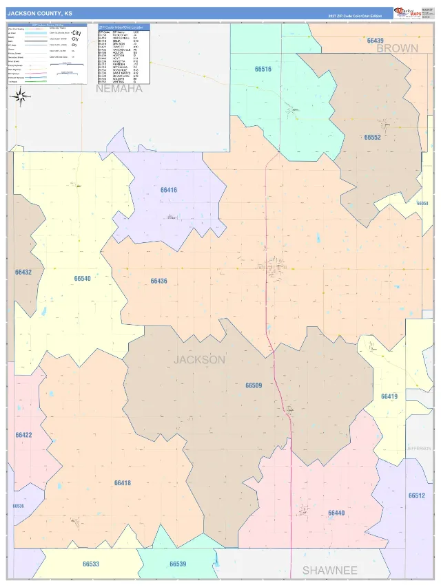 Jackson County, KS ZIP Code Wall Map, ColorCast style