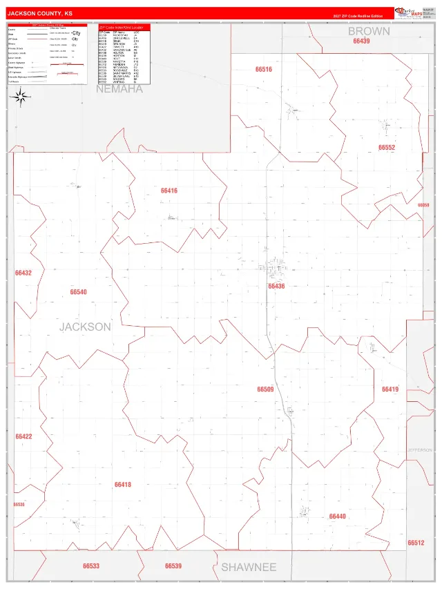 Jackson County, KS ZIP Code Wall Map, RedLine style