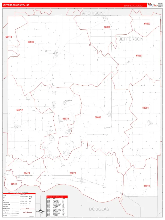 Jefferson County, KS ZIP Code Wall Map, RedLine style