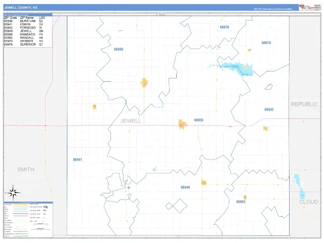Jewell County, KS ZIP Code Wall Map, Business Reference style