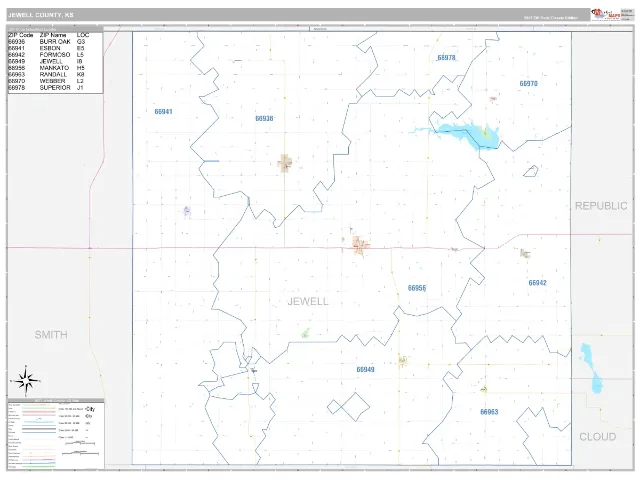 Jewell County, KS ZIP Code Wall Map, Classic style