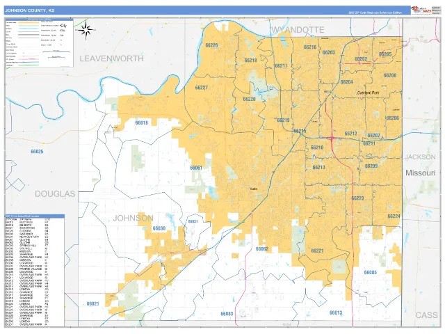 Johnson County, KS ZIP Code Wall Map, Business Reference style