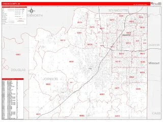 Johnson County, KS RedLine style ZIP Code wall map