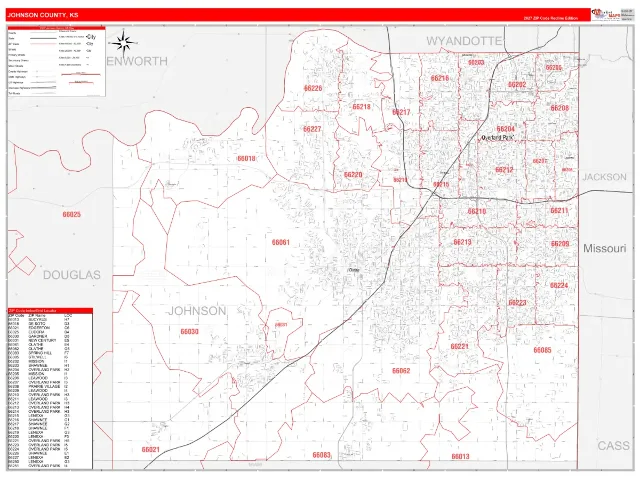 Johnson County, KS ZIP Code Wall Map, RedLine style