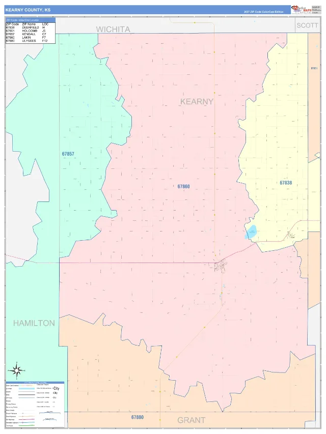 Kearny County, KS ZIP Code Wall Map, ColorCast style