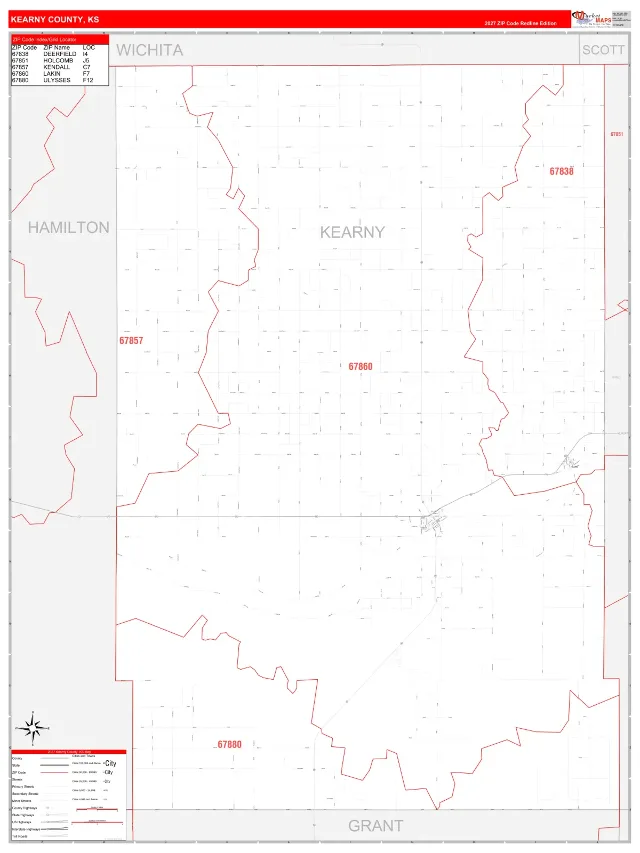 Kearny County, KS ZIP Code Wall Map, RedLine style