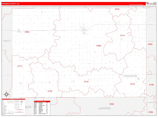 Kingman County, KS ZIP Code Wall Map, RedLine style