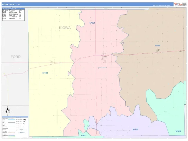 Kiowa County, KS ZIP Code Wall Map, ColorCast style