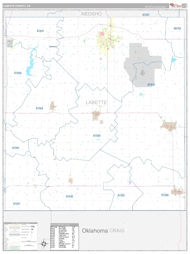Labette County, KS ZIP Code Wall Map, Classic style