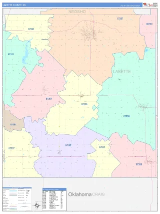 Labette County, KS ColorCast style ZIP Code wall map