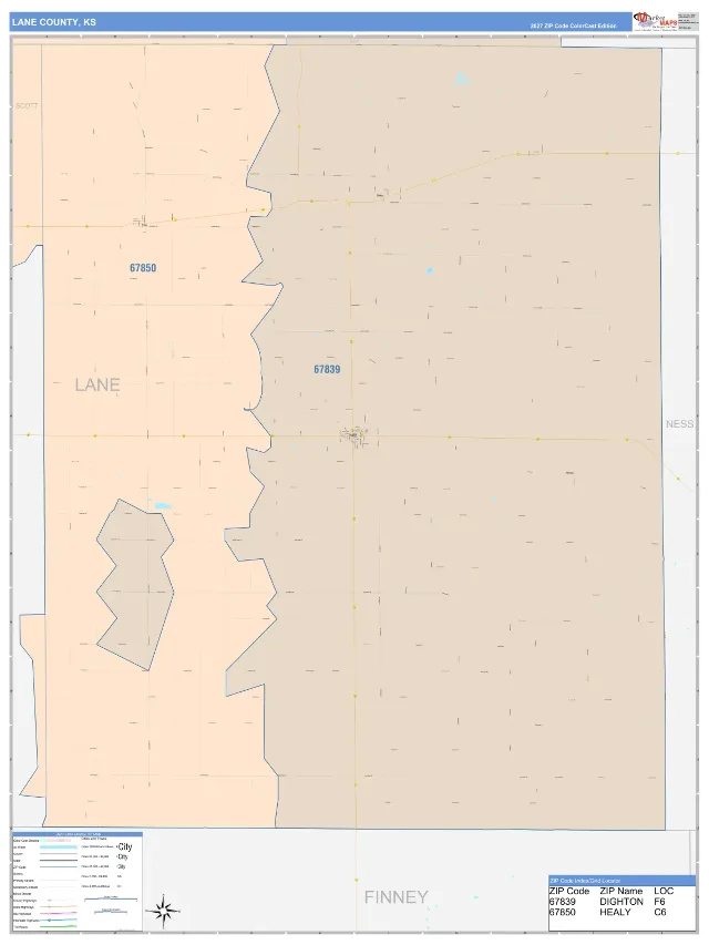 Lane County, KS ZIP Code Wall Map, ColorCast style