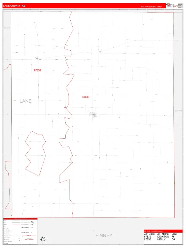 Lane County, KS ZIP Code Wall Map, RedLine style