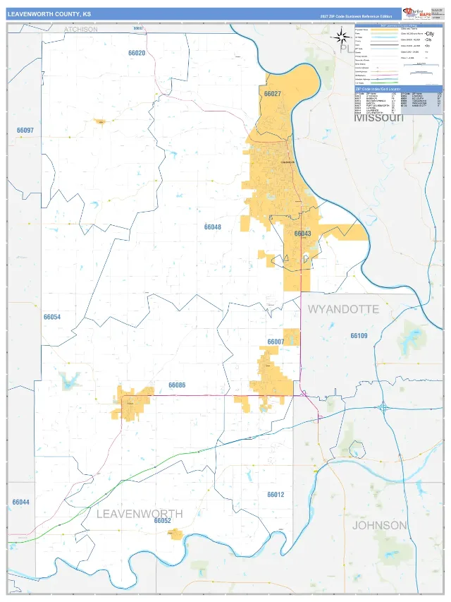 Leavenworth County, KS ZIP Code Wall Map, Business Reference style