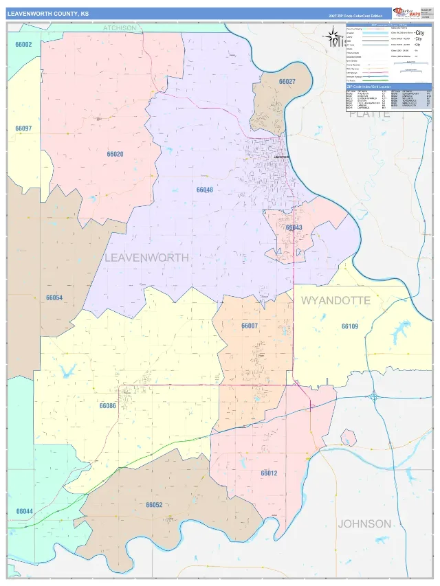 Leavenworth County, KS ZIP Code Wall Map, ColorCast style