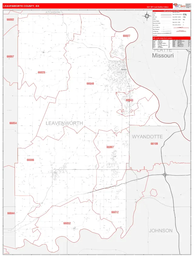 Leavenworth County, KS ZIP Code Wall Map, RedLine style