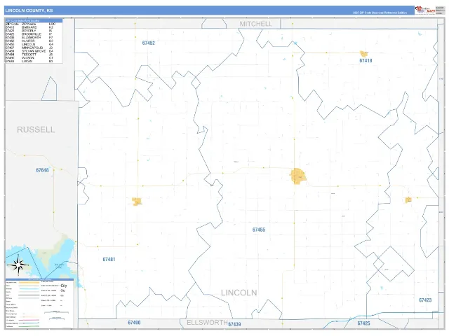 Lincoln County, KS ZIP Code Wall Map, Business Reference style