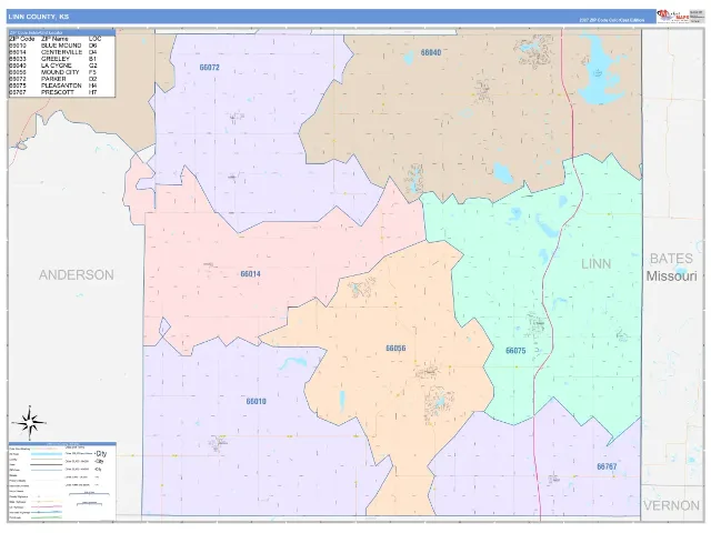 Linn County, KS ZIP Code Wall Map, ColorCast style
