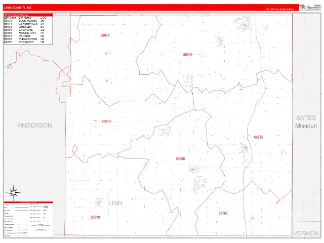 Linn County, KS ZIP Code Wall Map, RedLine style