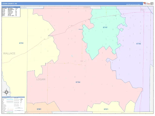 Logan County, KS ZIP Code Wall Map, ColorCast style