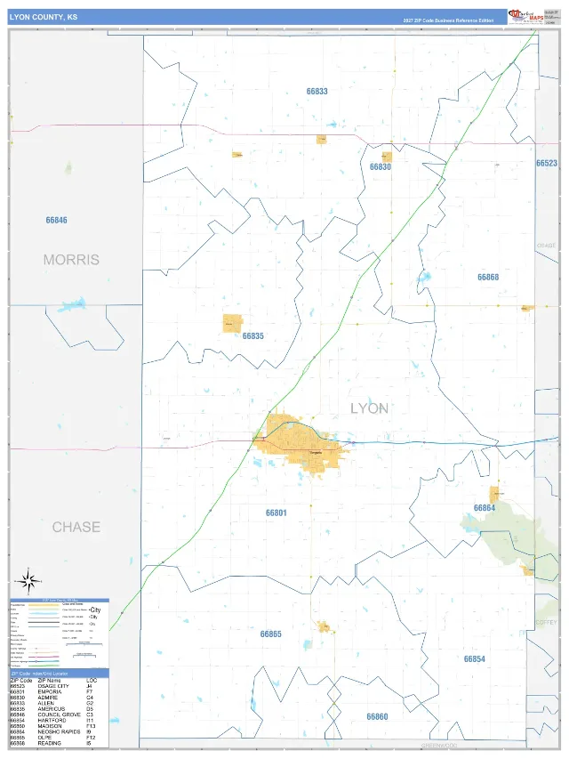 Lyon County, KS ZIP Code Wall Map, Business Reference style
