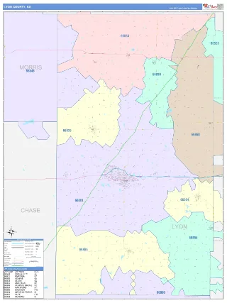 Lyon County, KS ColorCast style ZIP Code wall map