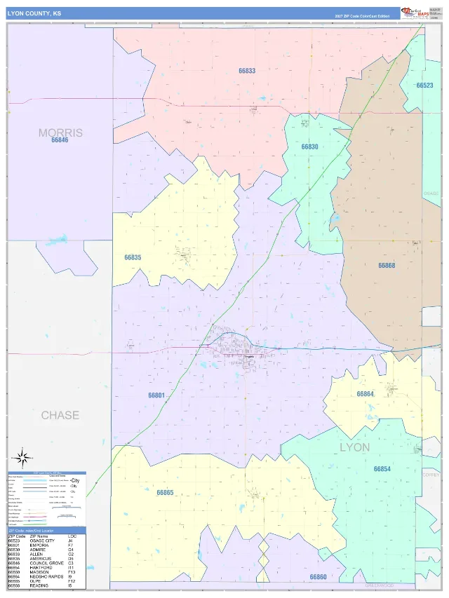 Lyon County, KS ZIP Code Wall Map, ColorCast style