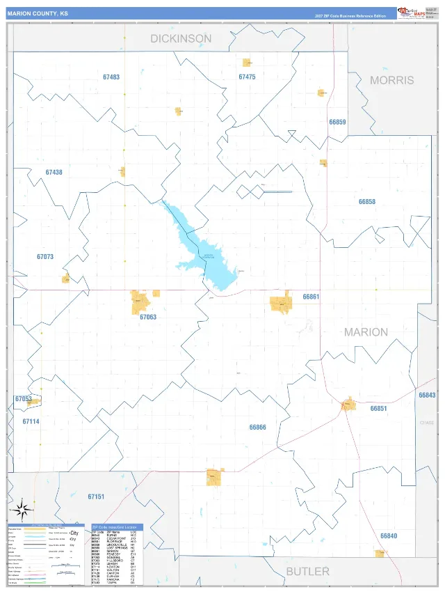 Marion County, KS ZIP Code Wall Map, Business Reference style