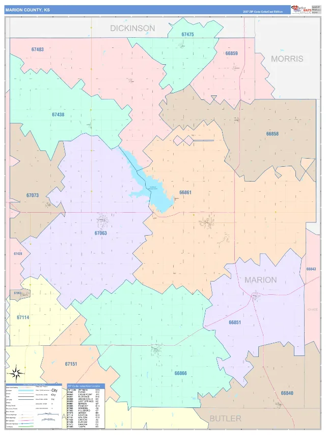 Marion County, KS ZIP Code Wall Map, ColorCast style
