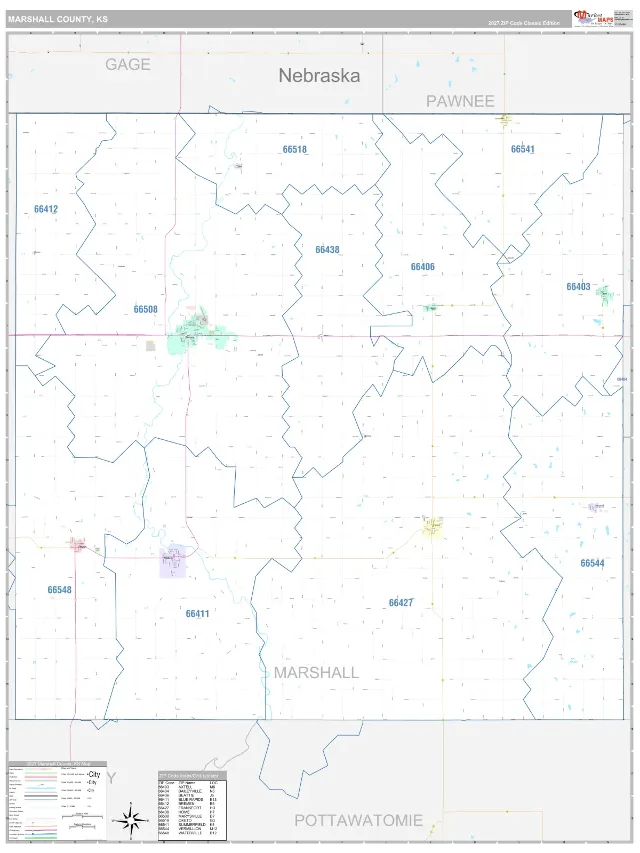 Marshall County, KS ZIP Code Wall Map, Classic style