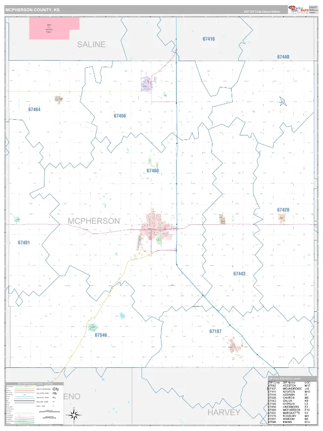 McPherson County, KS ZIP Code Wall Map, Classic style