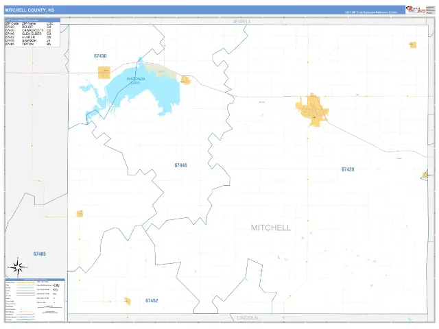 Mitchell County, KS ZIP Code Wall Map, Business Reference style