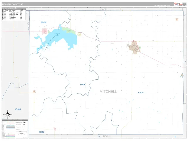 Mitchell County, KS ZIP Code Wall Map, Classic style