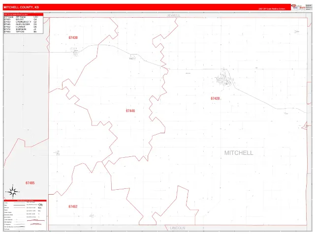 Mitchell County, KS ZIP Code Wall Map, RedLine style