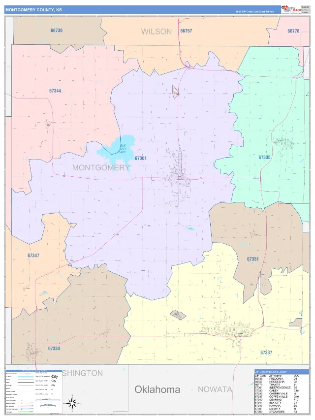 Montgomery County, KS ZIP Code Wall Map, ColorCast style