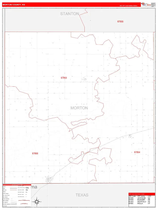 Morton County, KS ZIP Code Wall Map, RedLine style
