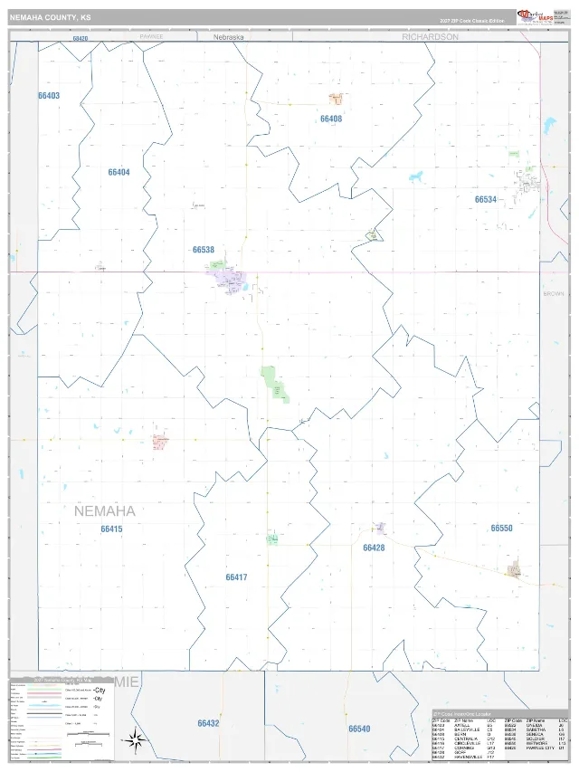 Nemaha County, KS ZIP Code Wall Map, Classic style